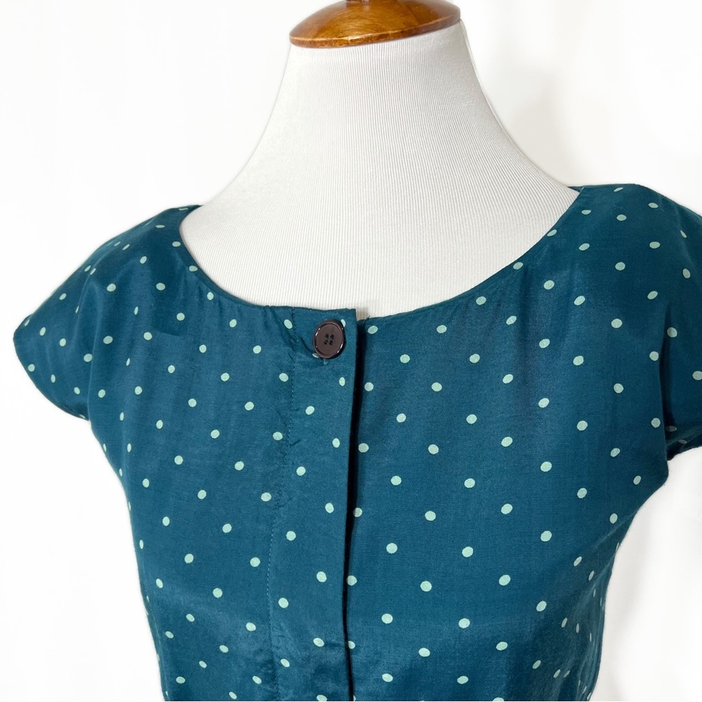 Modcloth Emily and Fin Teal Polka Dot Black Retro Cap Sleeve Sheath Dress - Picture 6 of 11